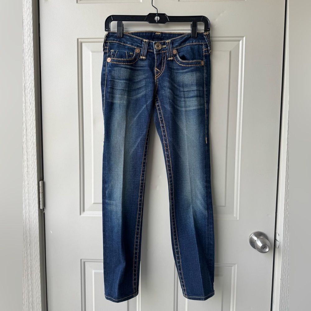 True Religion Women’s Embroidered Dark Mid Rise Denim Skinny Jeans Sz 26 Western